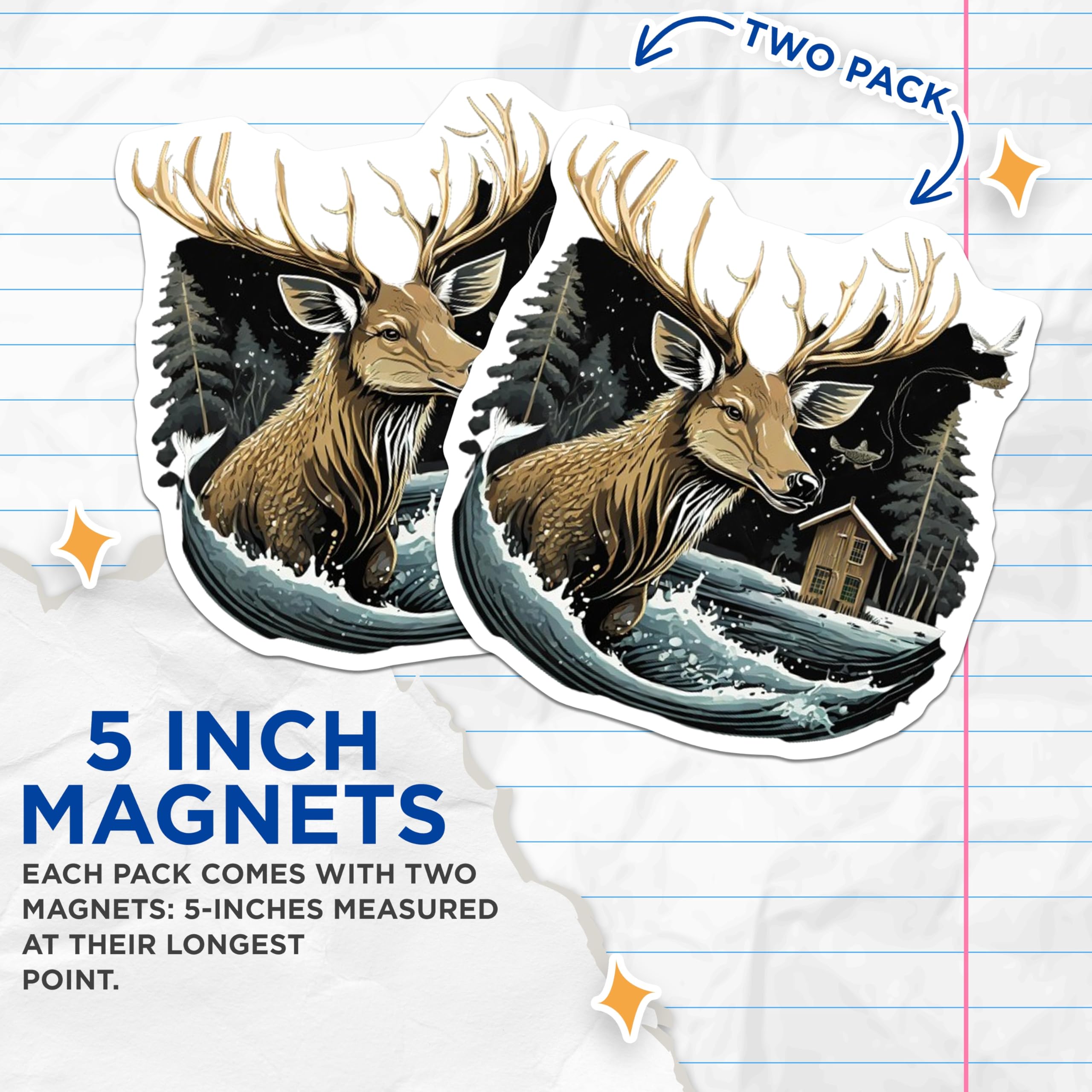 (2 Pack) Majestic Deer Magnets - Enchanting Snowy Winter Forest Landscape - Rustic Cabin Lakeside Woodland Lodge Decor - 5 Inches On Longest Side - Thick Durable Magnet - Made in USA - MAG22850