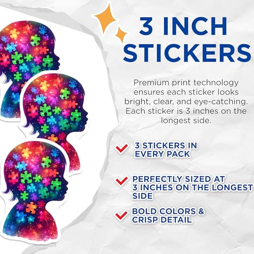 (3 Pack) Puzzle Pieces Decals - Head Silhouette - Colorful Galaxy Decals - 3 Inches On Longest Side - Easy Peel & Apply - Made in USA - 3MCS6668