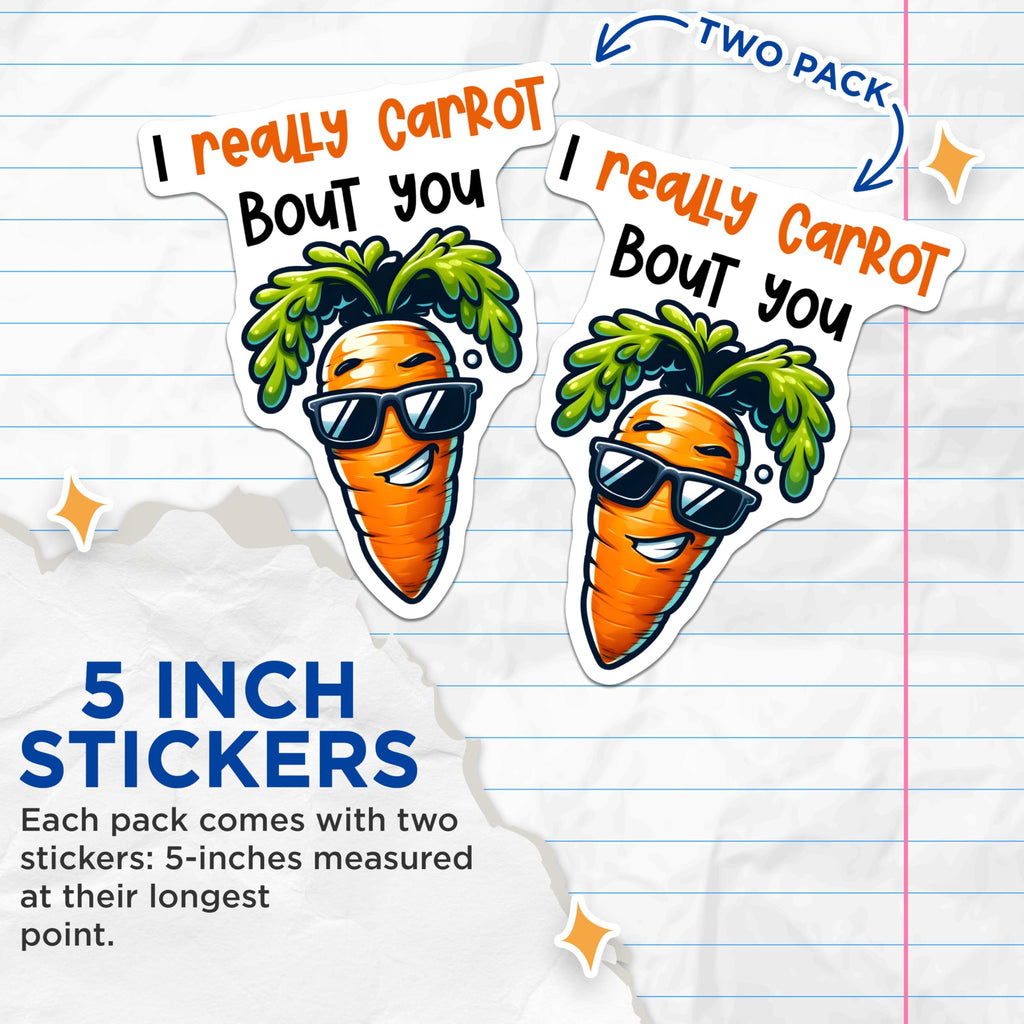 (2 Pack) Carrot Stickers - Funny Vegetable Sticker - Cute Carrot Design - 5" On Longest Side - Sticks to Smooth Flat Surfaces - Made in USA - BMCS8782 - Punny Carrot Sticker