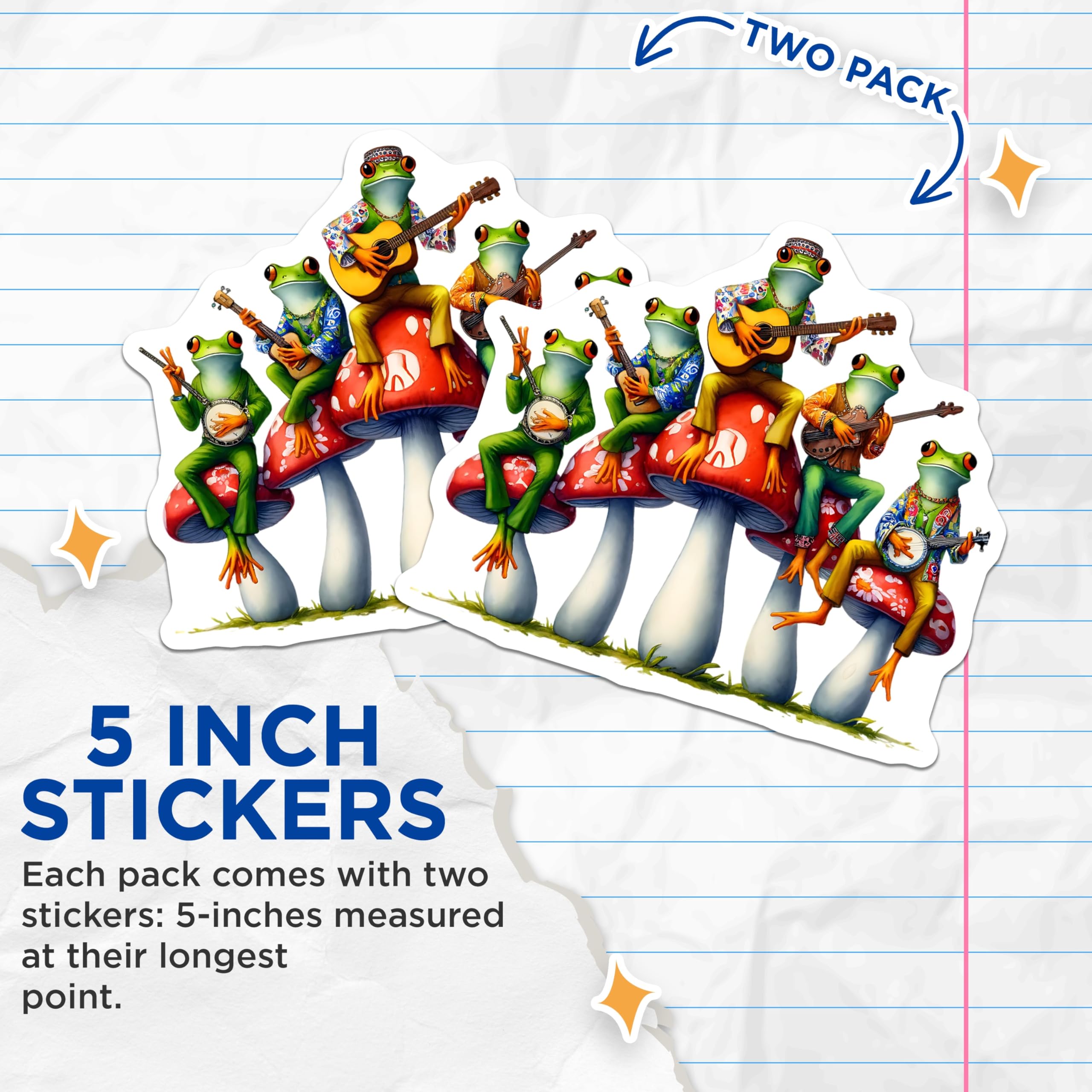 (2 Pack) Frog Band Stickers - Mushroom Seat - Musical Frogs- 5" On Longest Side - Sticks to Smooth Flat Surfaces - Made in USA - BMCS16887