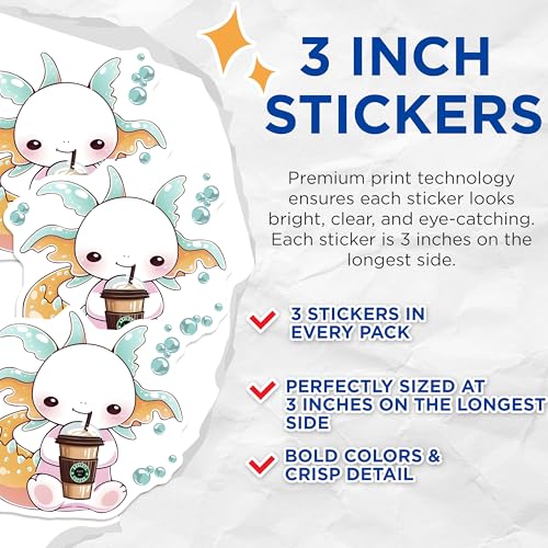 (3 Pack) Axolotl Coffee Decals - Cute Laptop Decals - Animal Sticker Pack - 3 Inches On Longest Side - Easy Peel & Apply - Made in USA - 3MCS6548