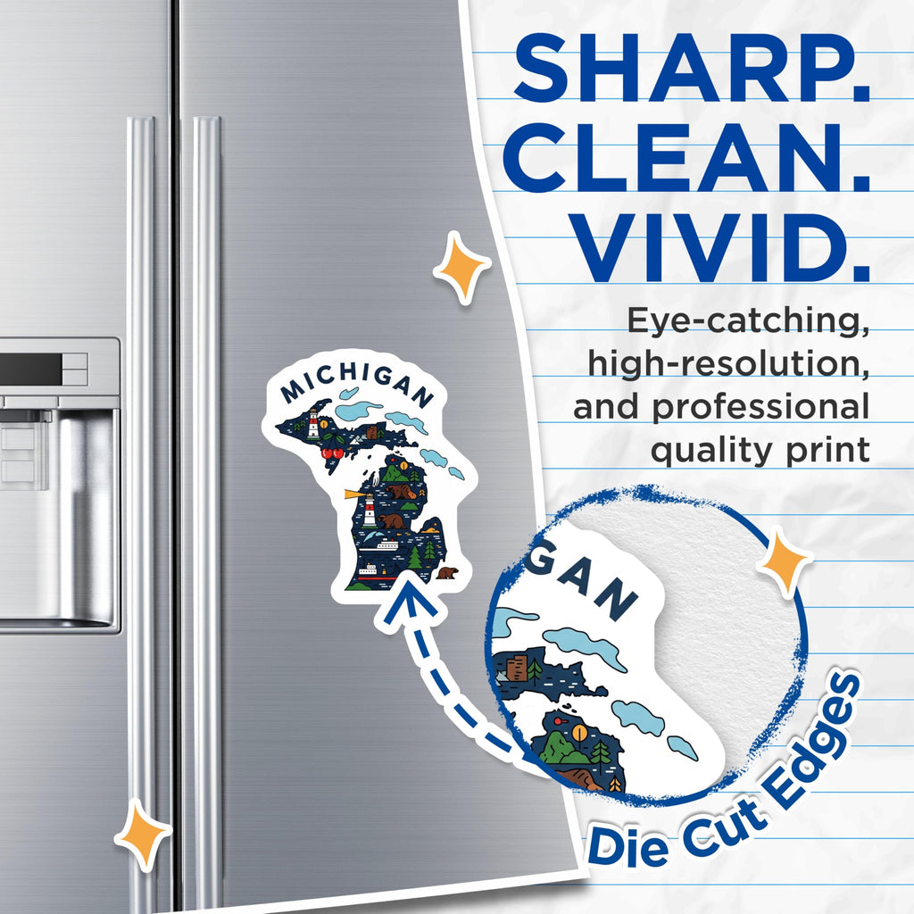(2 Pack) Michigan State Magnets - Cute Illustration - Travel Souvenir Refrigerator Magnets - 5" On Longest Side - Premium Magnet - for Cars, Refrigerators, Toolboxes, Lockers - Made in USA - MAG18247