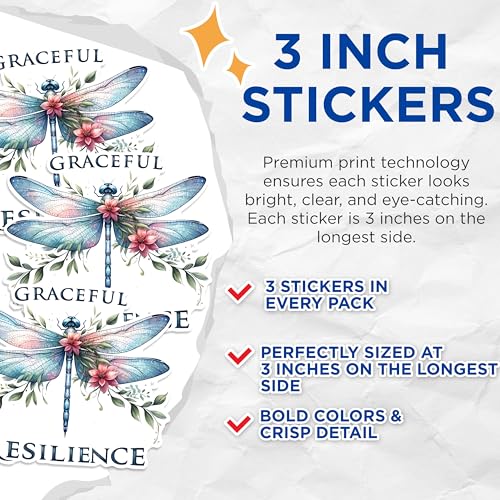 (3 Pack) Dragonfly Decals - Graceful Resilience - Laptop Decals - 3 Inches On Longest Side - Easy Peel & Apply - Made in USA - 3MCS1506