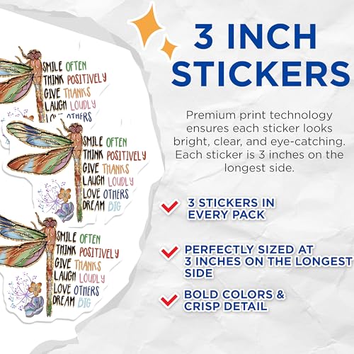 (3 Pack) Dragonfly Quote Decals - Inspirational Words - Positive Affirmation Decals - 3 Inches On Longest Side - Easy Peel & Apply - Made in USA - 3MCS2957