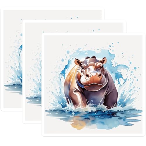 (3 Pack) Hippo Decals - Watercolor Hippopotamus - Animal Art Laptop Decal - 3 Inches On Longest Side - Easy Peel & Apply - Made in USA - 3MCS7466