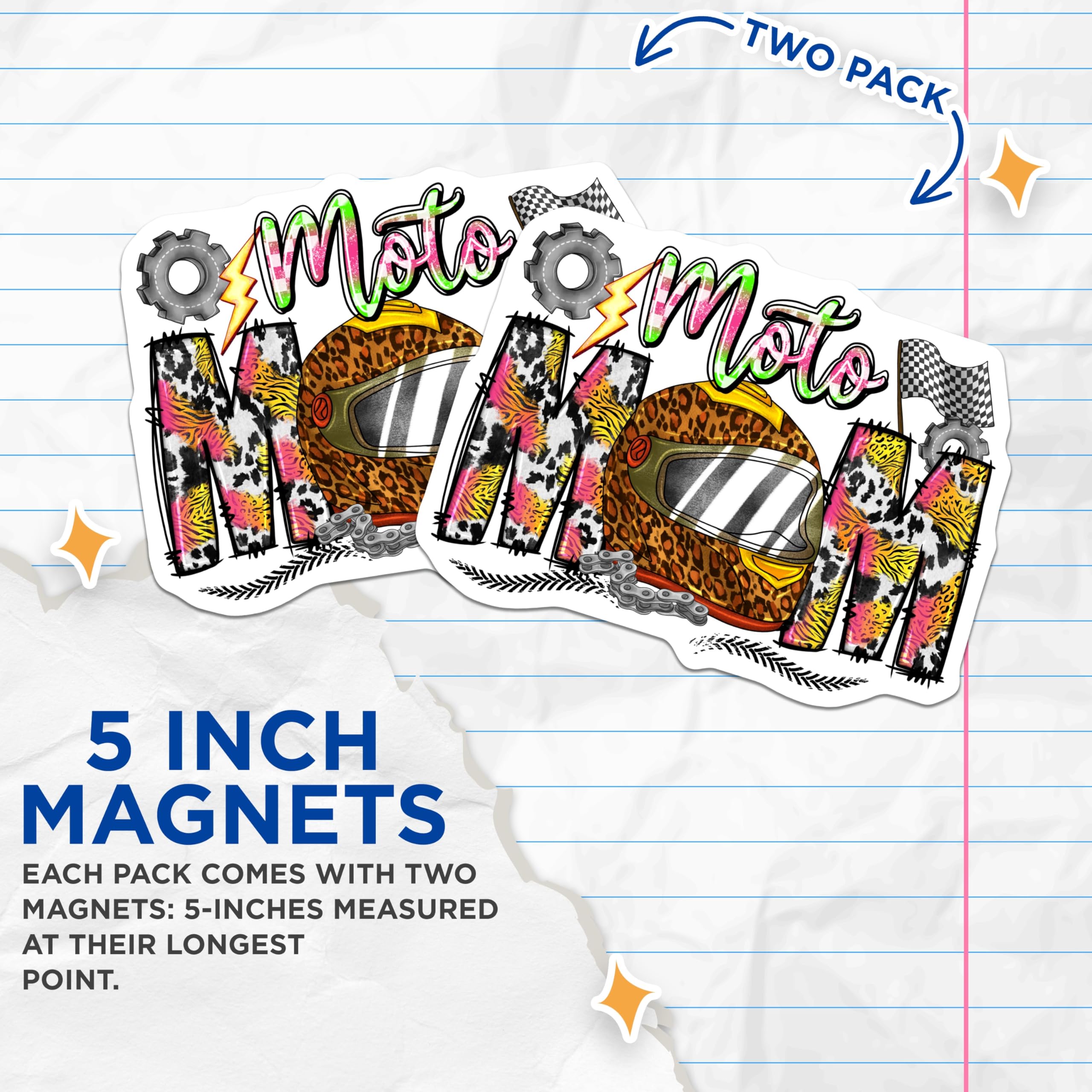 (2 Pack) Moto Mom Magnets for Vehicles - Motocross Racing Mama Decor - Leopard Print Helmet - Dirt Bike Enthusiast - 5 Inches On Longest Side - Thick Durable Magnet - Made in USA - MAG24635