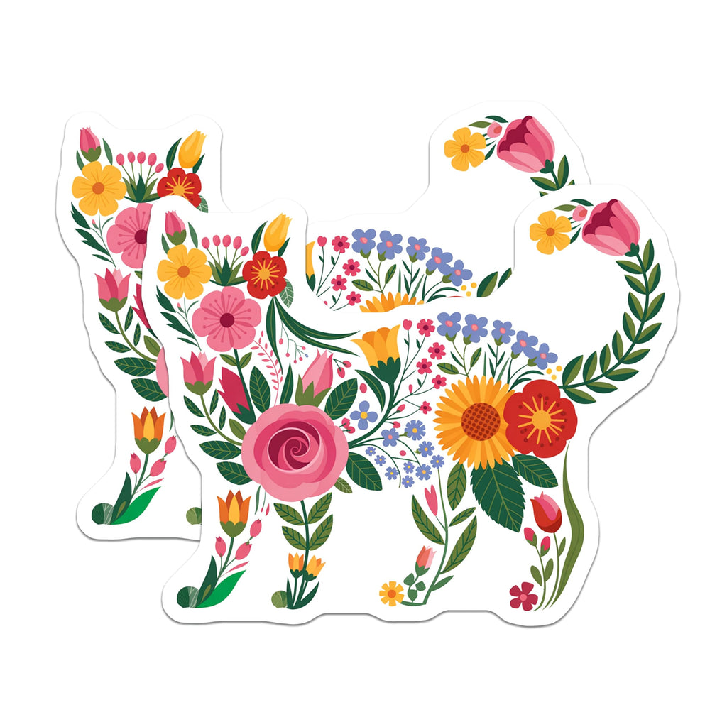 (2 Pack) Floral Cat Magnets - Boho Animal Art - Refrigerator Locker Decor - 5 Inches On Longest Side - Thick Durable Magnet - Made in USA - MAG19714