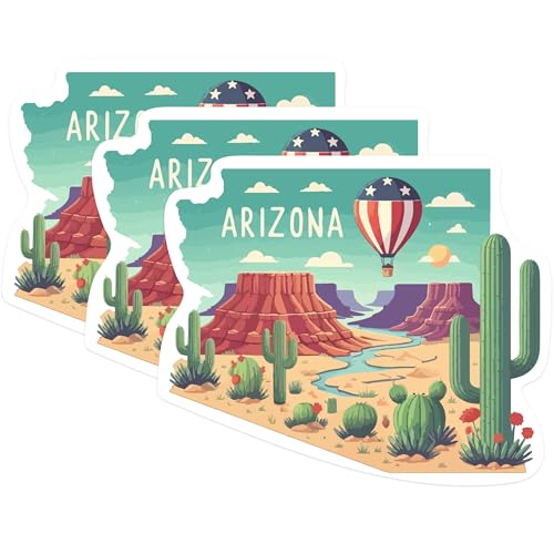 (3 Pack) Arizona State Decals - Hot Air Balloon Decal - Cactus Desert Decal - 3 Inches On Longest Side - Easy Peel & Apply - Made in USA - 3MCS0123