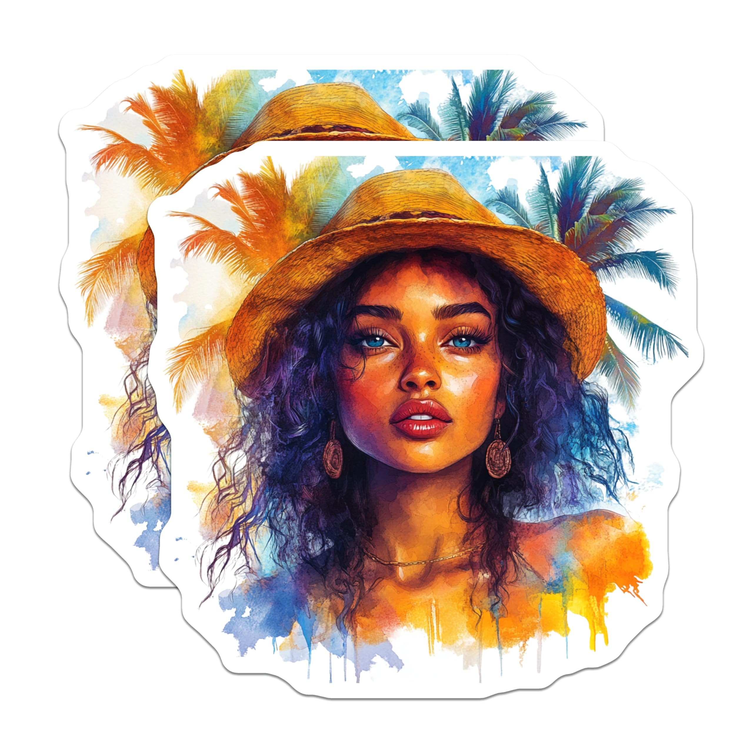 (2 Pack) Tropical Woman Magnets - Watercolor Art Print - Boho Summer Decor - 5 Inches On Longest Side - Thick Durable Magnet - Made in USA - MAG25382