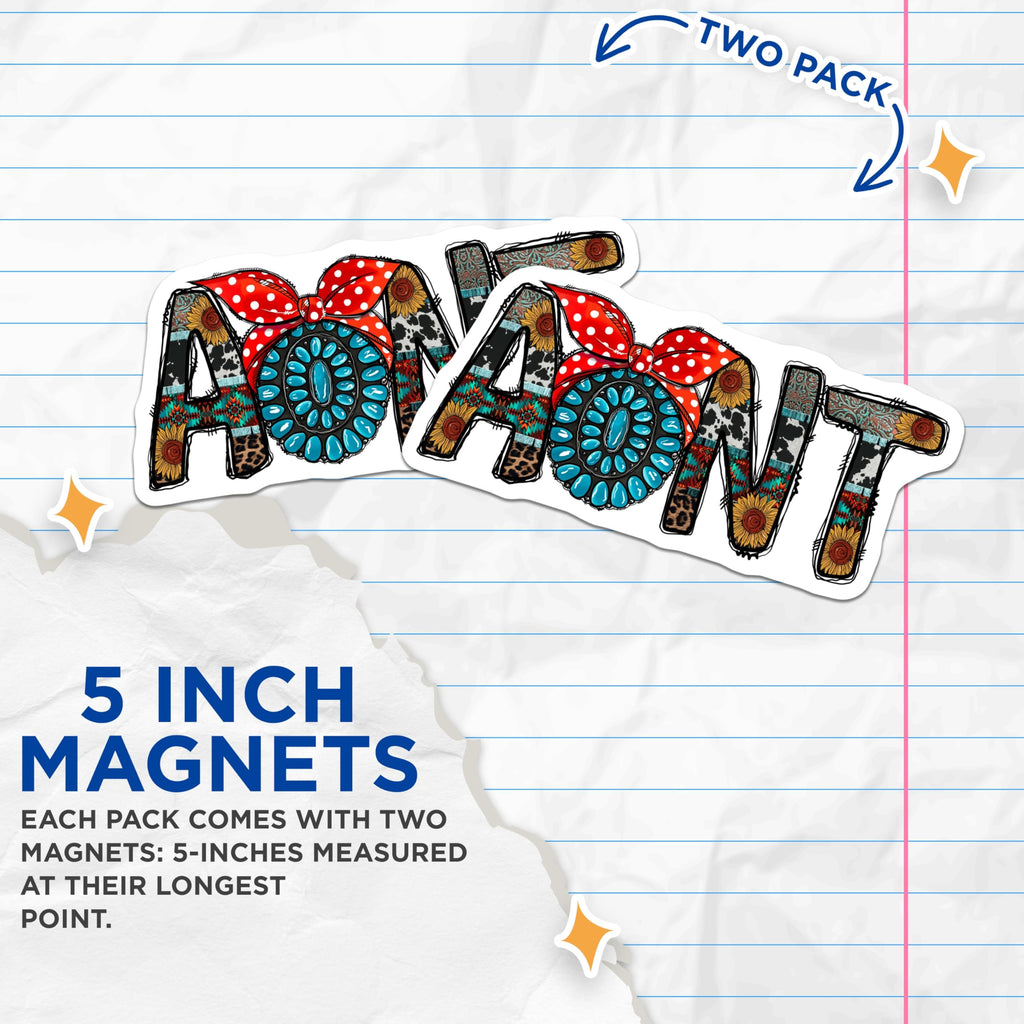 (2 Pack) Western Aunt Magnets - Cowhide Turquoise Sunflower Pattern - Bohemian Country Rustic Farmhouse Decor - 5 Inches On Longest Side - Thick Durable Magnet - Made in USA - MAG28468