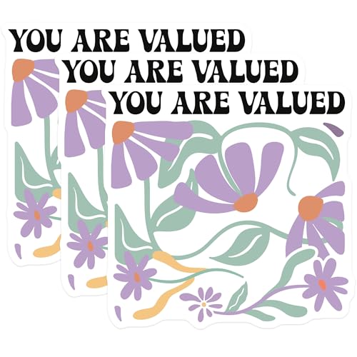 (3 Pack) You are Valued Decals - Floral Laptop Decal - Positive Affirmation Decal - 3 Inches On Longest Side - Easy Peel & Apply - Made in USA - 3MCS2606