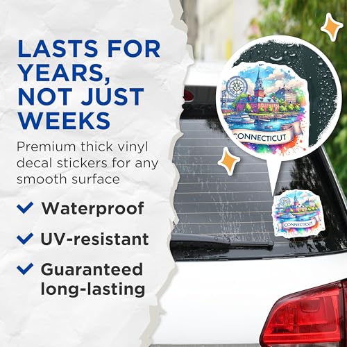 (2 Pack) Connecticut Stickers - New England State Sticker - Travel Souvenir Sticker - 5" On Longest Side - Sticks to Smooth Flat Surfaces - Made in USA - BMCS6799