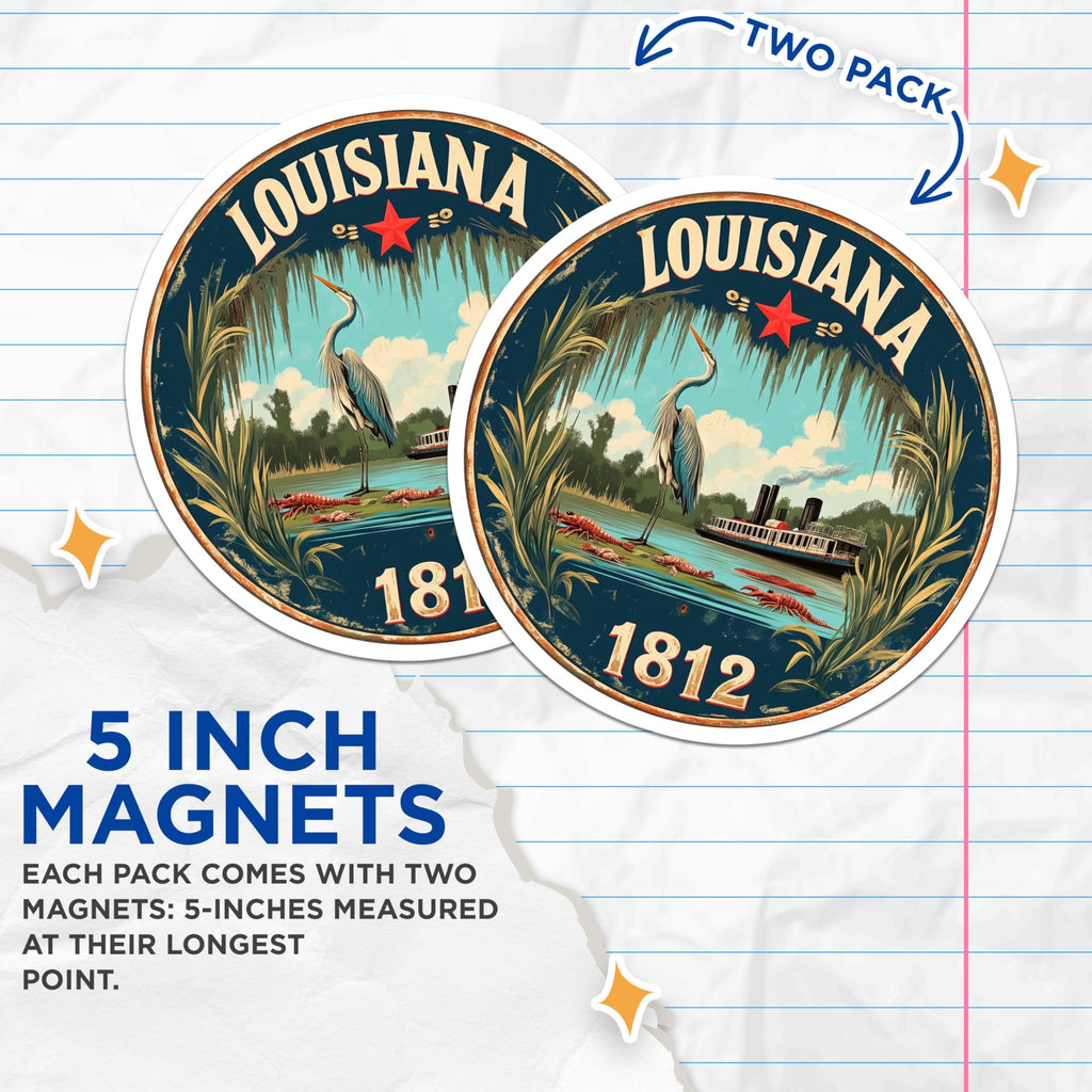 (2 Pack) Louisiana Magnets - State Pride Decor - Heron Steamship Fridge Magnets - 5" On Longest Side - Premium Magnet - for Cars, Refrigerators, Toolboxes, Lockers - Made in USA - MAG15872