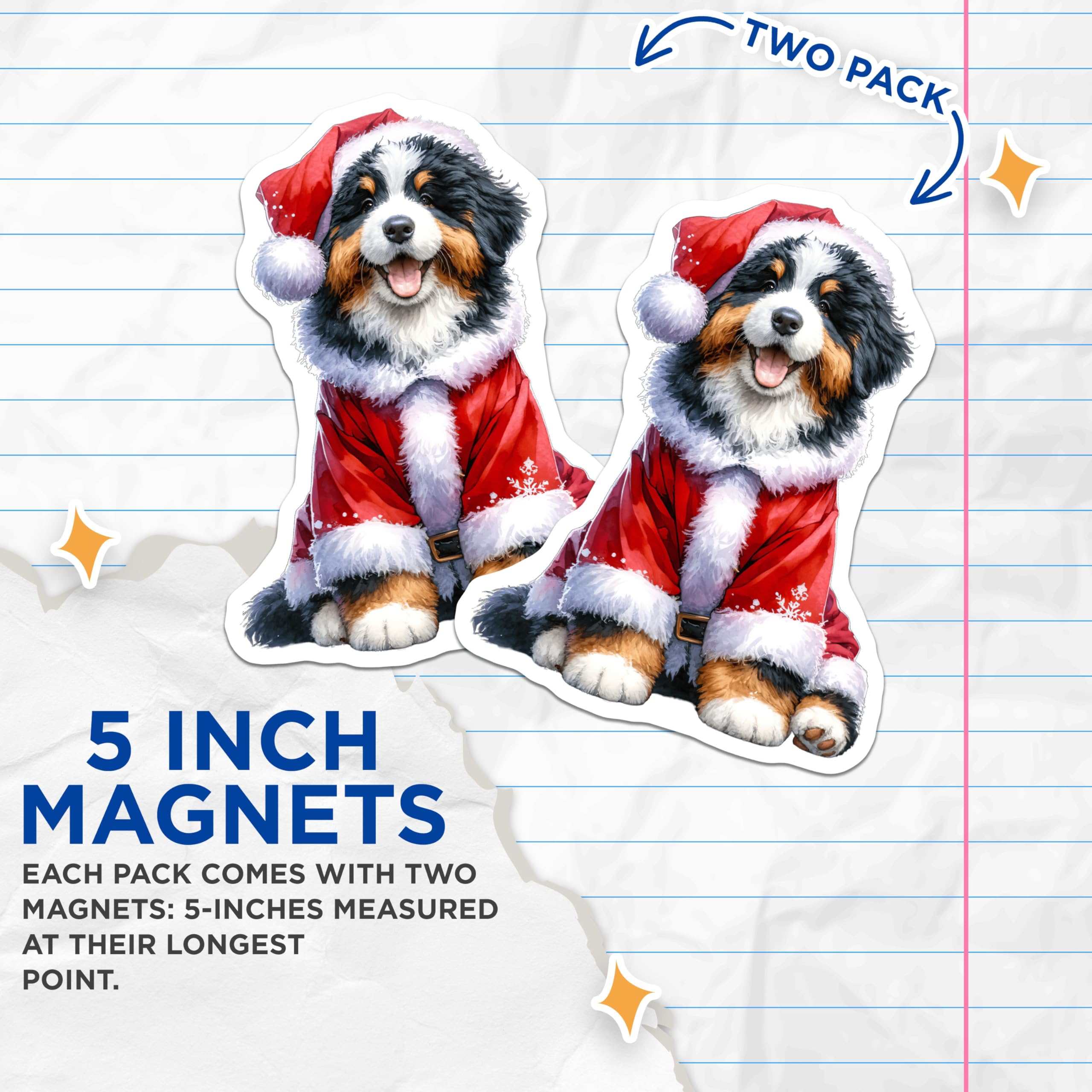 (2 Pack) Bernese Mountain Dog Magnets - Christmas Dog Decor - Santa Puppy Holiday - 5 Inches On Longest Side - Thick Durable Magnet - Made in USA - MAG27224