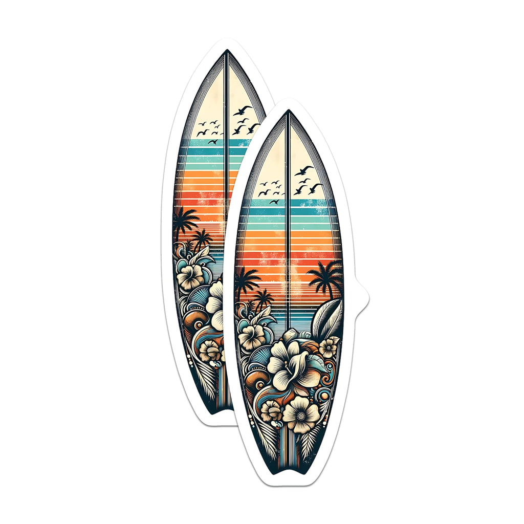 (2 Pack) Surfboard Art Magnets - Beach Sunset Decor - Tropical Island Vibes - 5" On Longest Side - Premium Magnet - for Cars, Refrigerators, Toolboxes, Lockers - Made in USA - MAG16206