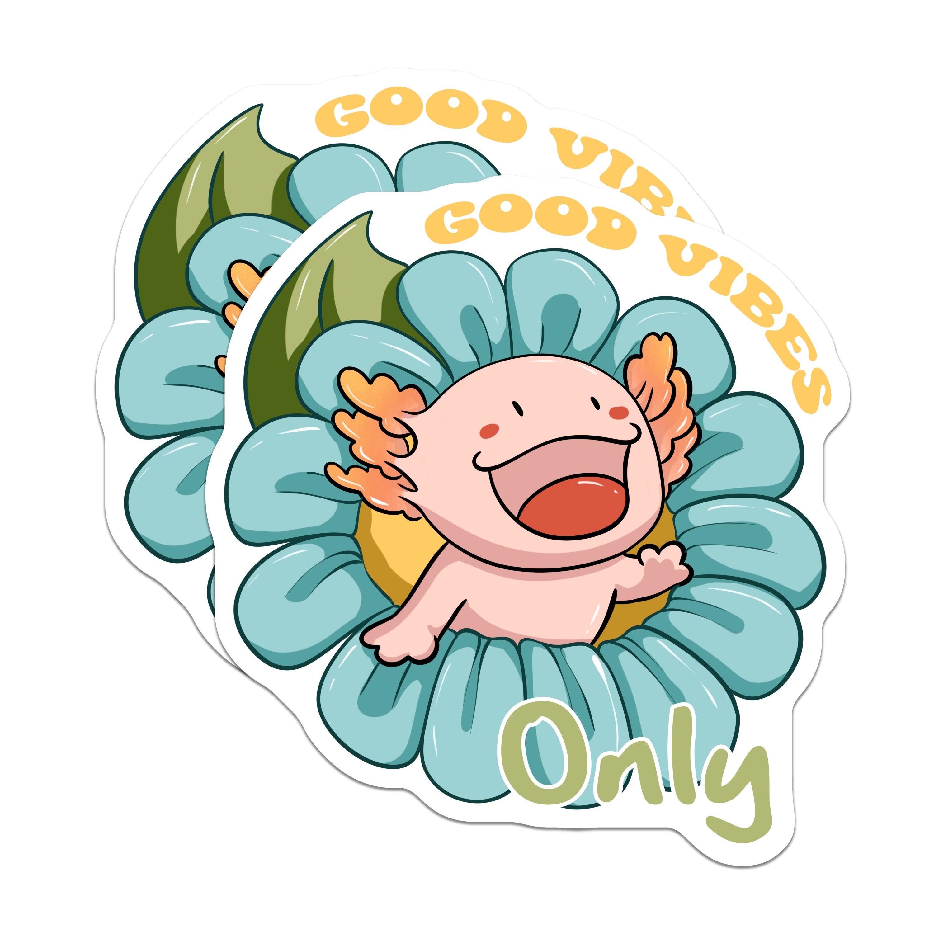(2 Pack) Kawaii Axolotl Magnets - Good Vibes Only Fridge Decor - Cute Amphibian Locker Accent - 5 Inches On Longest Side - Thick Durable Magnet - Made in USA - MAG38132