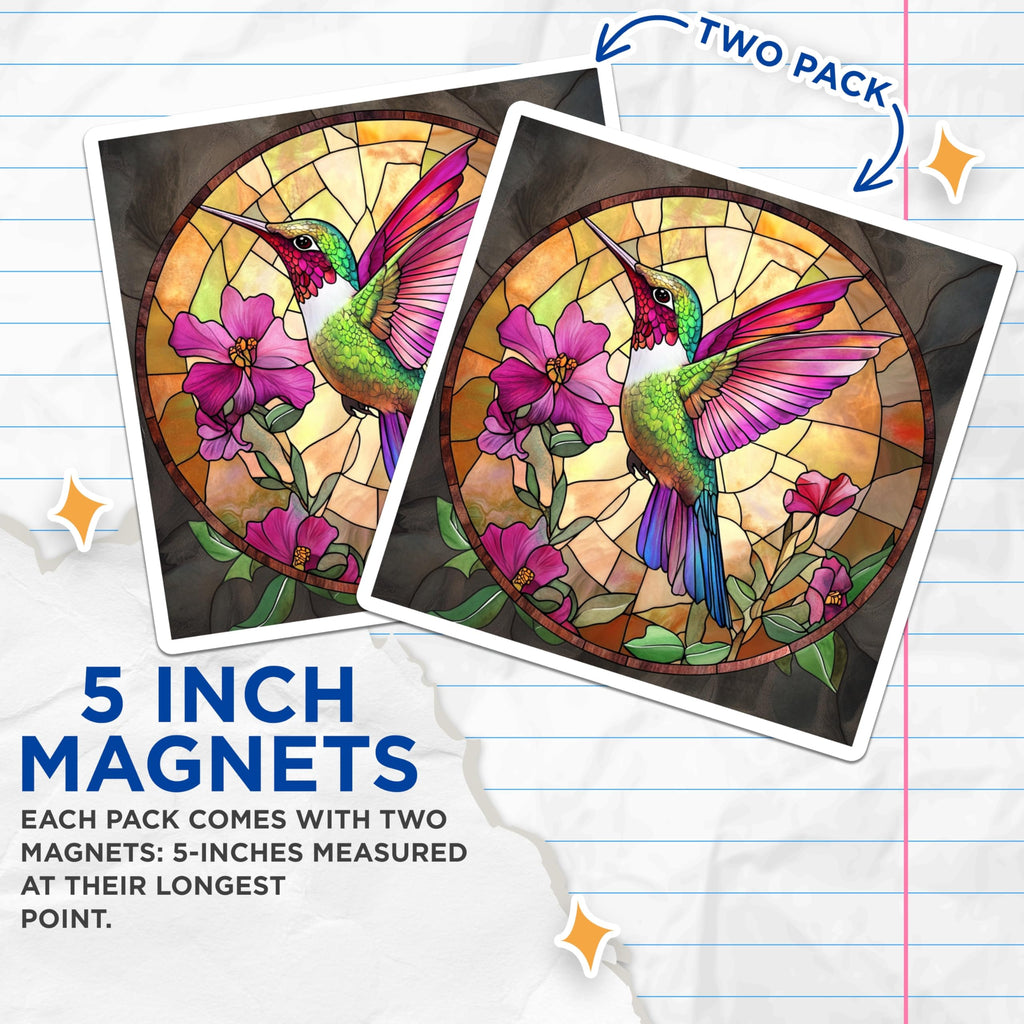 (2 Pack) Stained Glass Hummingbird Magnets - Nature Art Decor - Vibrant Bird Home Accent Fridge Magnet - 5 Inches On Longest Side - Thick Durable Magnet - Made in USA - MAG30695