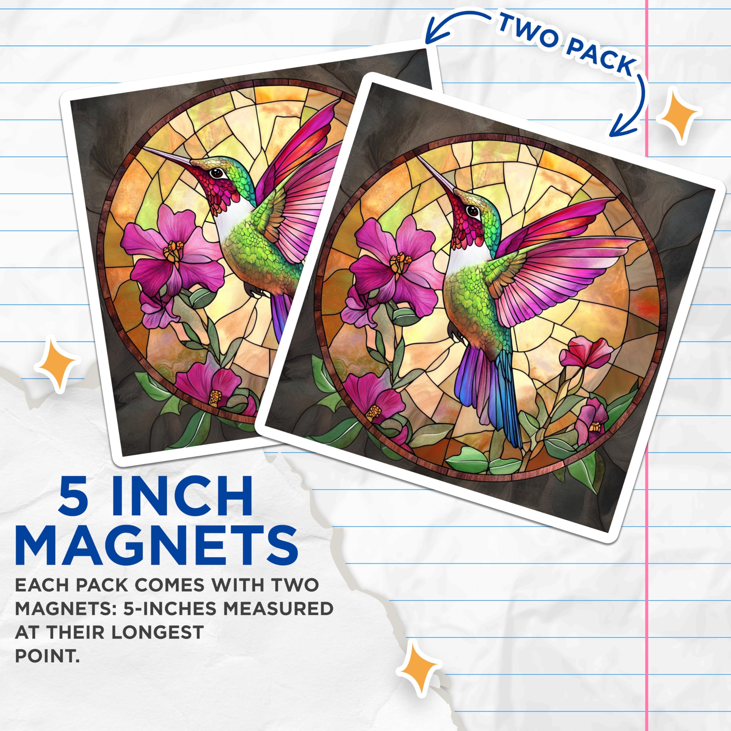 (2 Pack) Stained Glass Hummingbird Magnets - Nature Art Decor - Vibrant Bird Home Accent Fridge Magnet - 5 Inches On Longest Side - Thick Durable Magnet - Made in USA - MAG30695