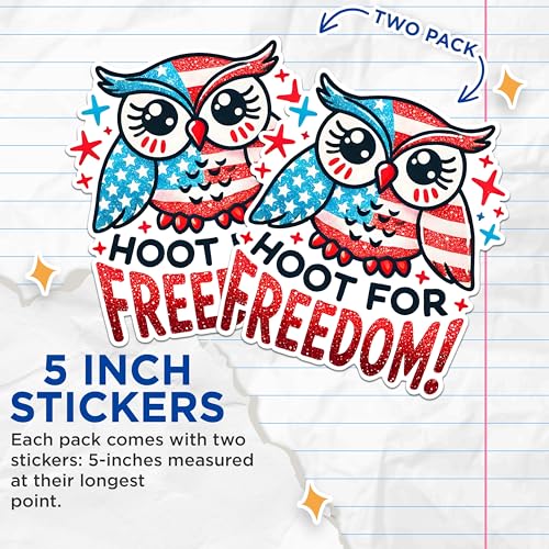 (2 Pack) Hoot for Freedom Stickers - American Flag Owl Stickers - Patriotic Stickers for Laptops and Water Bottles - 5" On Longest Side - Sticks to Any Smooth Flat Surface - Made in USA - BMCS2712