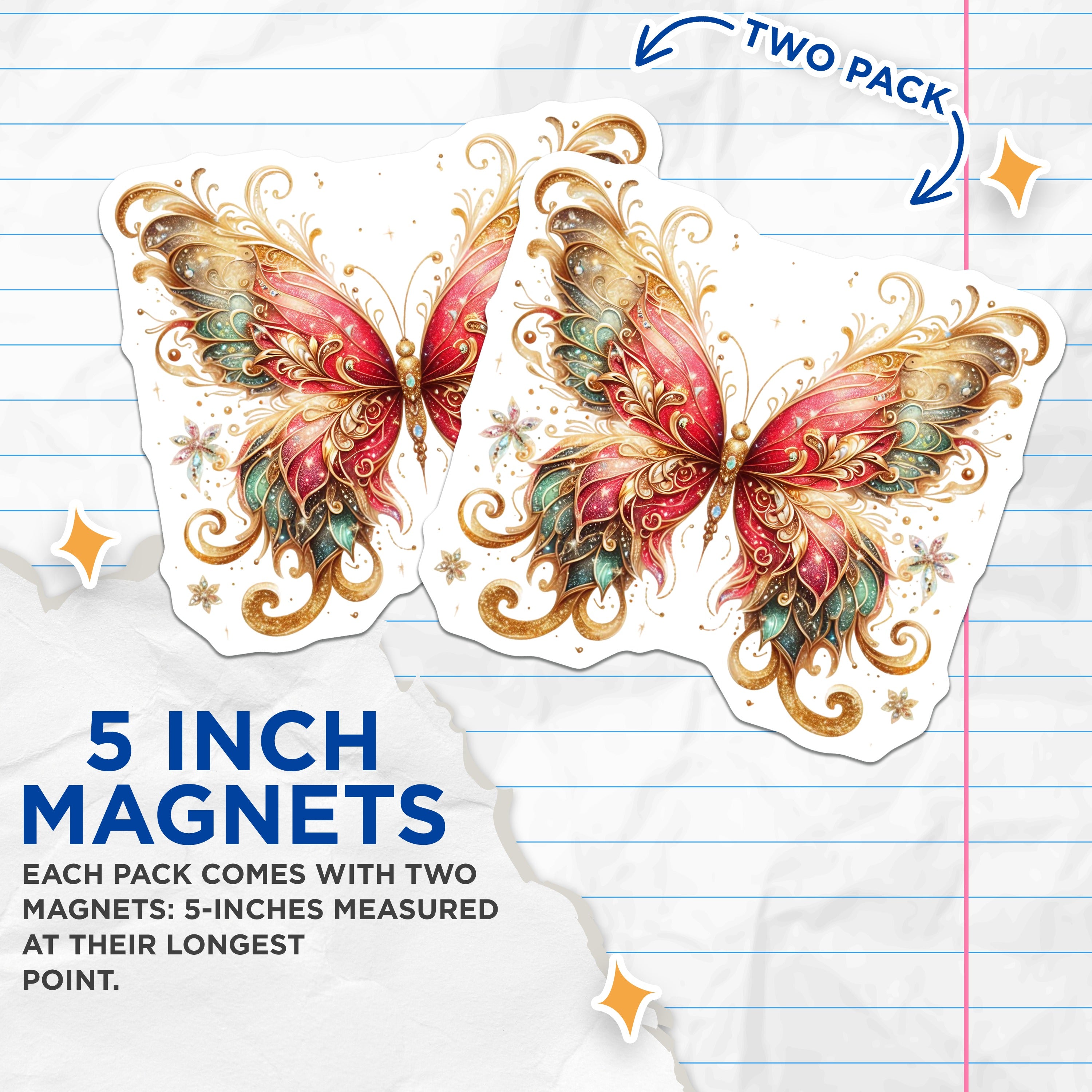 (2 Pack) Enchanted Butterfly Magnets - Whimsical Fridge Decor - Fairycore Home Accent - 5 Inches On Longest Side - Thick Durable Magnet - Made in USA - MAG39407