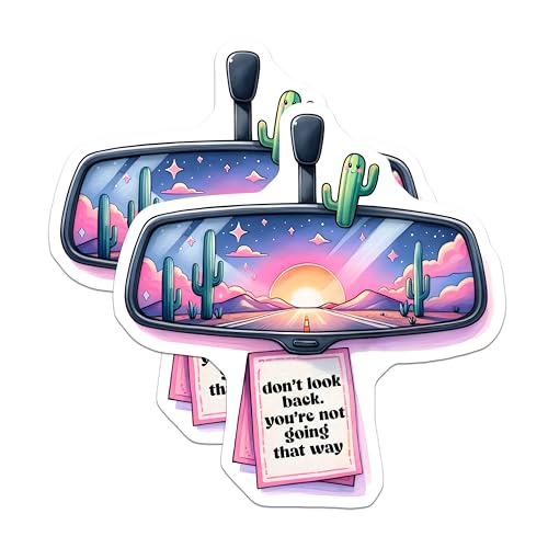 (2 Pack) Retro Sunset Cactus Rearview Mirror Stickers - Motivational Road Trip - Cute Desert Aesthetic - 5" On Longest Side - Sticks to Smooth Flat Surfaces - Made in USA - BMCS7498