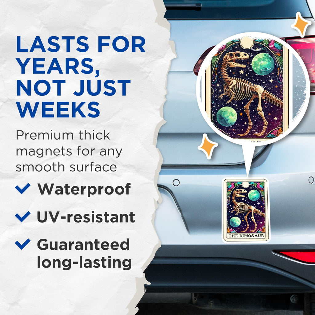 (2 Pack) Dinosaur Skeleton Magnets - Mystical Tarot Art - Cosmic Dino Decor - 5 Inches On Longest Side - Thick Durable Magnet - Made in USA - MAG21906