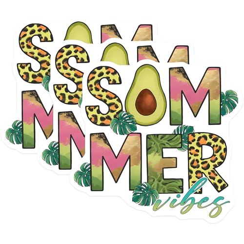 (3 Pack) Summer Vibes Decals - Avocado Design - Leopard Print Lettering - Laptop Decal - 3 Inches On Longest Side - Easy Peel & Apply - Made in USA - 3MCS7146