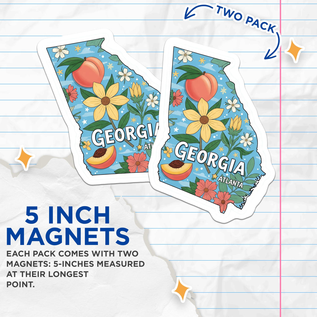 (2 Pack) Georgia State Magnets - Peach State Souvenir - Atlanta Floral Fridge Decor - 5" On Longest Side - Premium Magnet - for Cars, Refrigerators, Toolboxes, Lockers - Made in USA - MAG14333