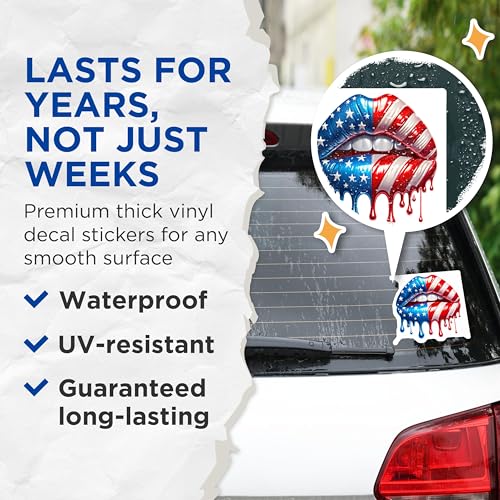 (2 Pack) American Flag Lip Stickers - Patriotic Lips Decal - USA Flag Dripping Lips Art - 5" On Longest Side - Sticks to Smooth Flat Surfaces - Made in USA - BMCS9824