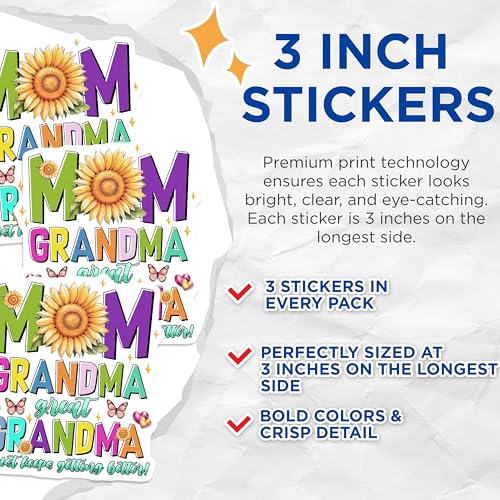 (3 Pack) Mom Grandma Decals - Great Grandma - Sunflower Laptop Decal - 3 Inches On Longest Side - Easy Peel & Apply - Made in USA - 3MCS7228
