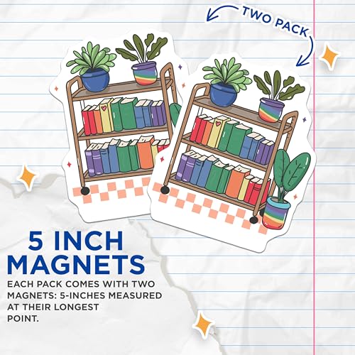 (2 Pack) Bookshelf Plant Magnets - Books Theme - Reading Decor - 5" On Longest Side - for Cars, Fridges, Toolboxes - Made in USA - MAG7182