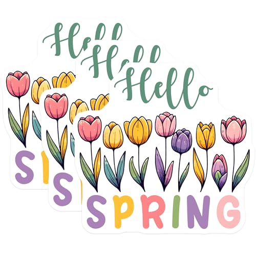 (3 Pack) Hello Spring Decals - Floral Laptop Decal - Tulip Stickers - 3 Inches On Longest Side - Easy Peel & Apply - Made in USA - 3MCS6773