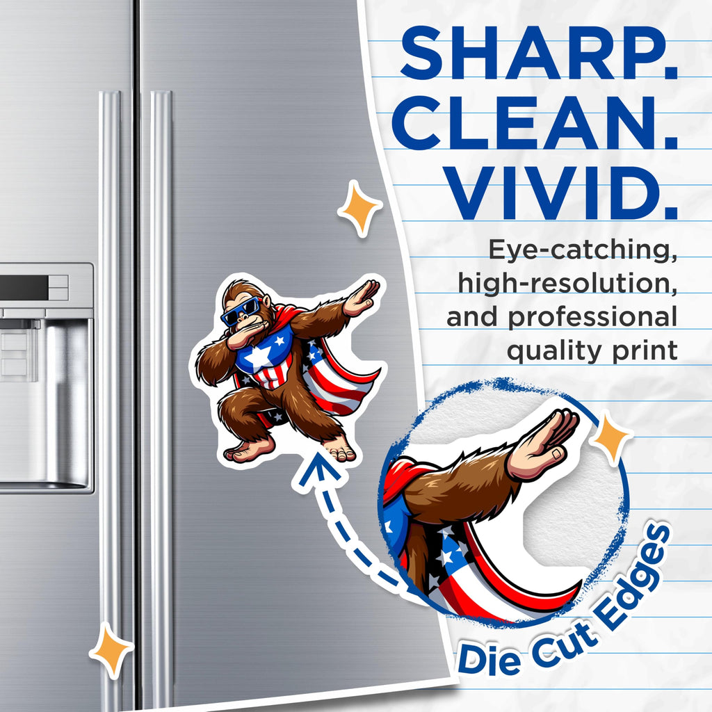 (2 Pack) Bigfoot Dabbing Magnets - Patriotic Sasquatch Superhero - Funny American Flag Fridge Locker Decor - 5 Inches On Longest Side - Thick Durable Magnet - Made in USA - MAG20502