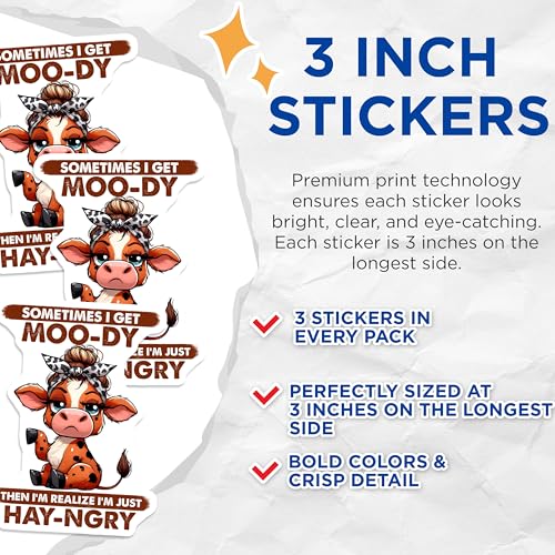 (3 Pack) Moody Cow Decals - Funny Animal Saying - Hay-ngry Cute Cows - 3 Inches On Longest Side - Easy Peel & Apply - Made in USA - 3MCS2567