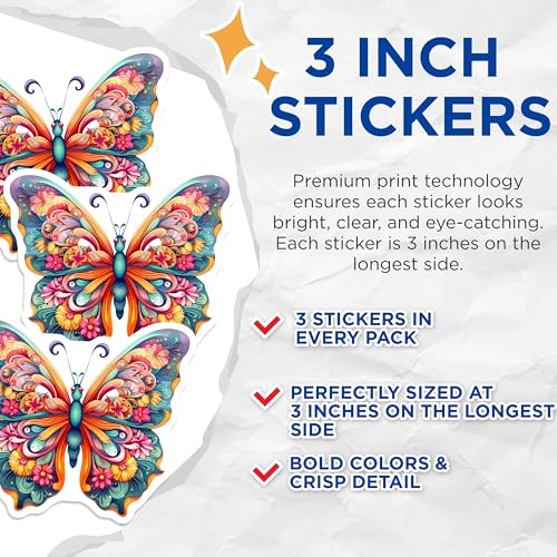 (3 Pack) Butterfly Decals - Floral Butterfly Decal - Laptop Decal - Colorful Decals - 3 Inches On Longest Side - Easy Peel & Apply - Made in USA - 3MCS2569