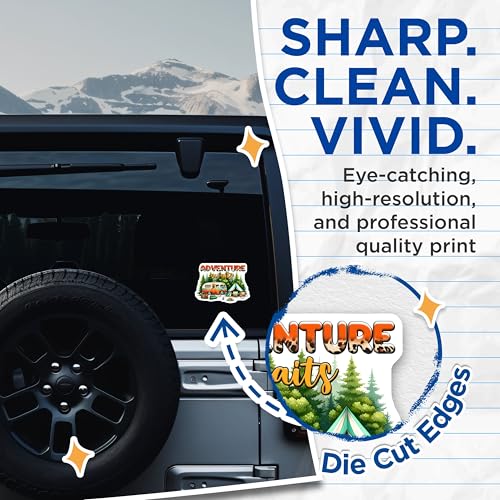(2 Pack) Adventure Awaits Stickers - Camping Theme Stickers - Outdoor Travel Stickers for Adventure Lovers - 5" On Longest Side - Sticks to Any Smooth Flat Surface - Made in USA - BMCS3272