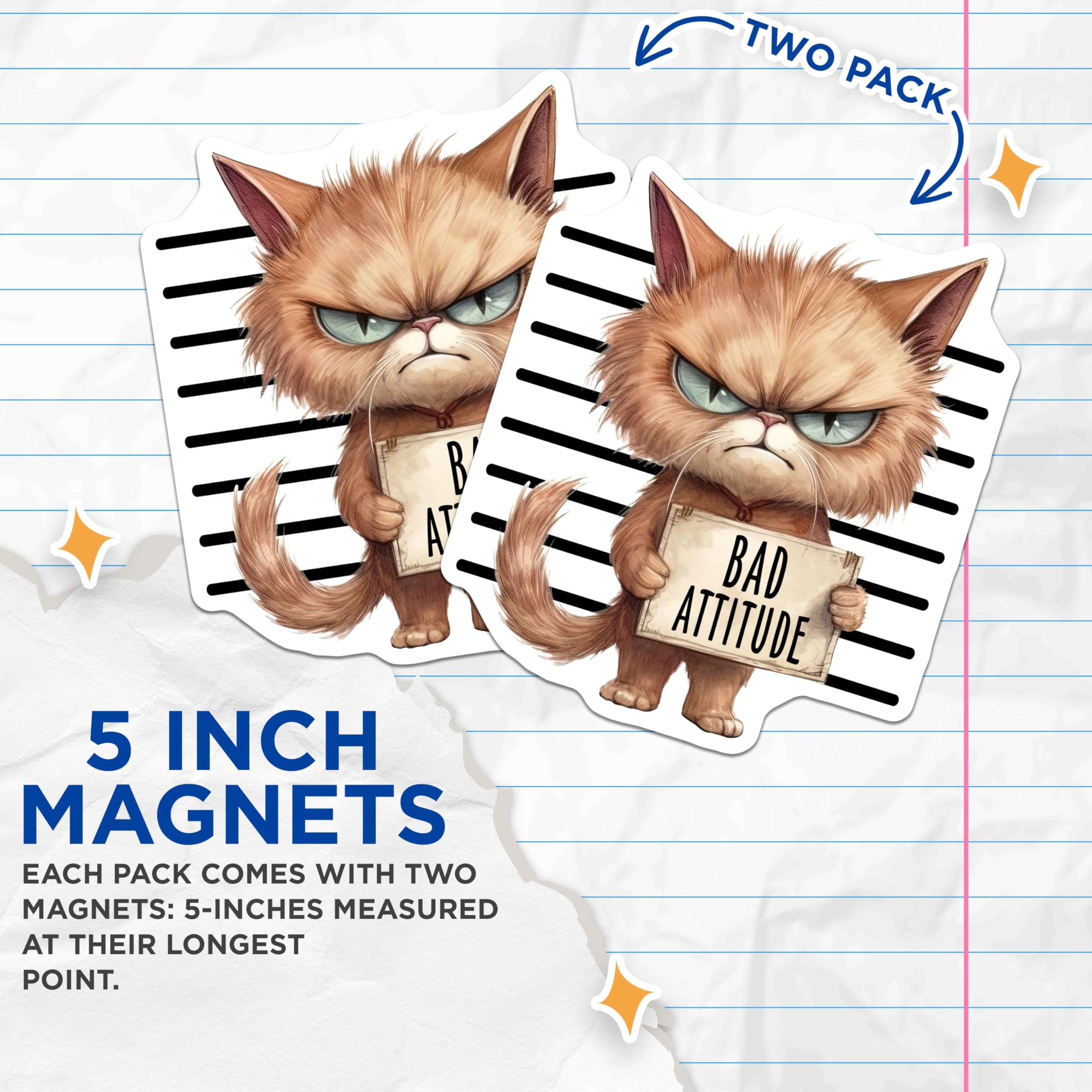 (2 Pack) Grumpy Cat Magnets - Bad Attitude Kitten - Funny Animal Refrigerator Decor - 5" On Longest Side - Premium Magnet - for Cars, Refrigerators, Toolboxes, Lockers - Made in USA - MAG14340