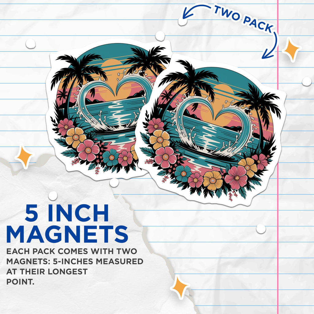 (2 Pack) Retro Tropical Sunset Magnets - Ocean Waves Heart Design - Summer Beach Vibe Decor - 5 Inches On Longest Side - Thick Durable Magnet - Made in USA - MAG27945