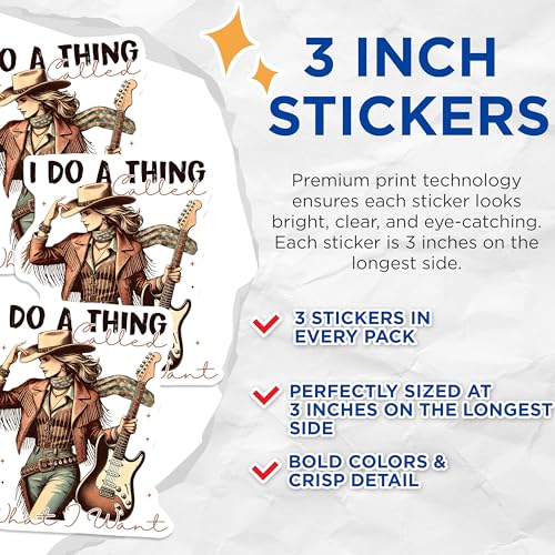 (3 Pack) Cowgirl Decals - Guitar Player - Southern Belle Stickers- 3 Inches On Longest Side - Easy Peel & Apply - Made in USA - 3MCS5834