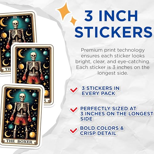 (3 Pack) The Boxer Decals - Skeleton Tarot Card - Laptop Decal - 3 Inches On Longest Side - Easy Peel & Apply - Made in USA - 3MCS4126