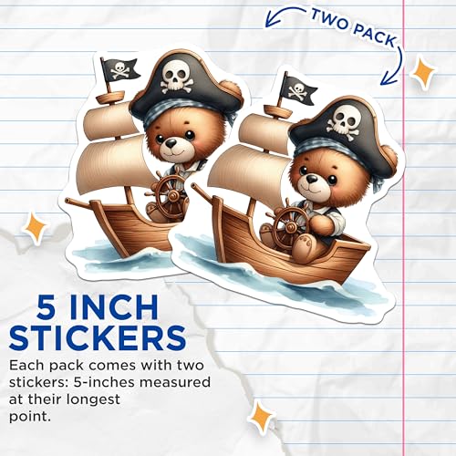 (2 Pack) Pirate Bear Stickers - Cute Animal Stickers - Children's Room Decor - Adorable Bear Pirate - 5" On Longest Side - Sticks to Smooth Flat Surfaces - Made in USA - BMCS6542
