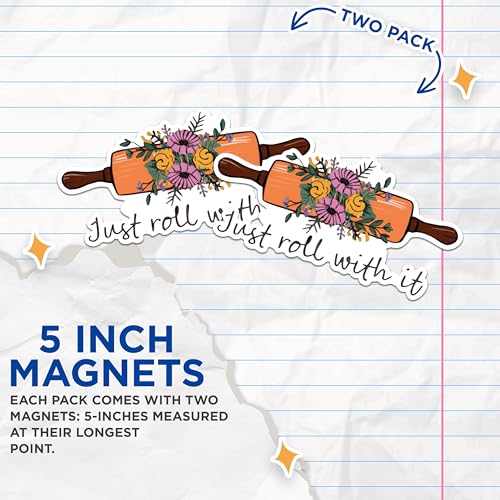 (2 Pack) Just Roll with It Magnets - Floral Rolling Pin Magnets - Kitchen Decor Magnets for Baking Enthusiasts- 5" On Longest Side - for Fridges, Toolboxes, Cars - Made in USA - MAG2987