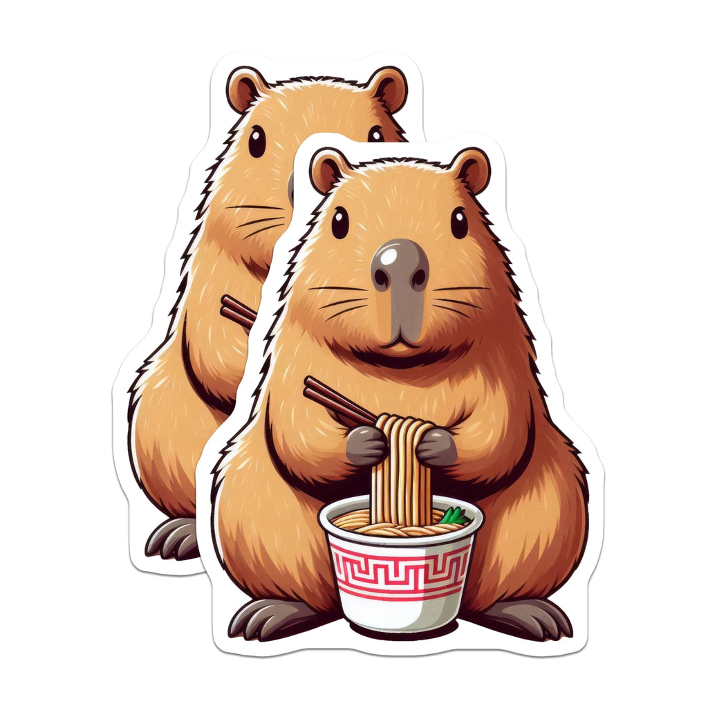 (2 Pack) Cute Noodle Eating Capybara Stickers - Animal Sticker - Fun Cartoon Design - 5" On Longest Side - Sticks to Smooth Flat Surfaces - Made in USA - BMCS9904