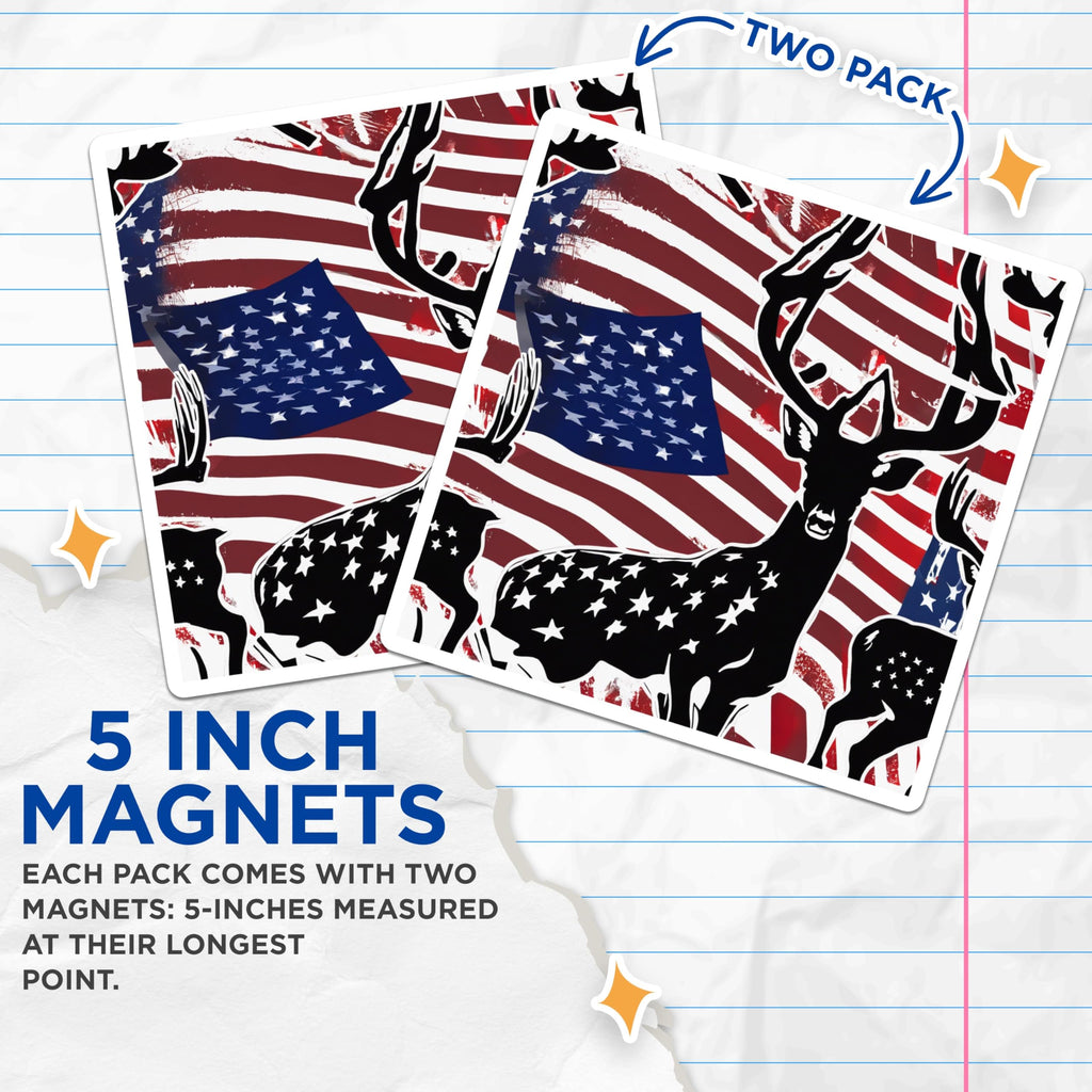 (2 Pack) American Deer Magnets - Patriotic Buck Art - USA Flag Wildlife Display - Hunting Lodge Decor - 5 Inches On Longest Side - Thick Durable Magnet - Made in USA - MAG19558