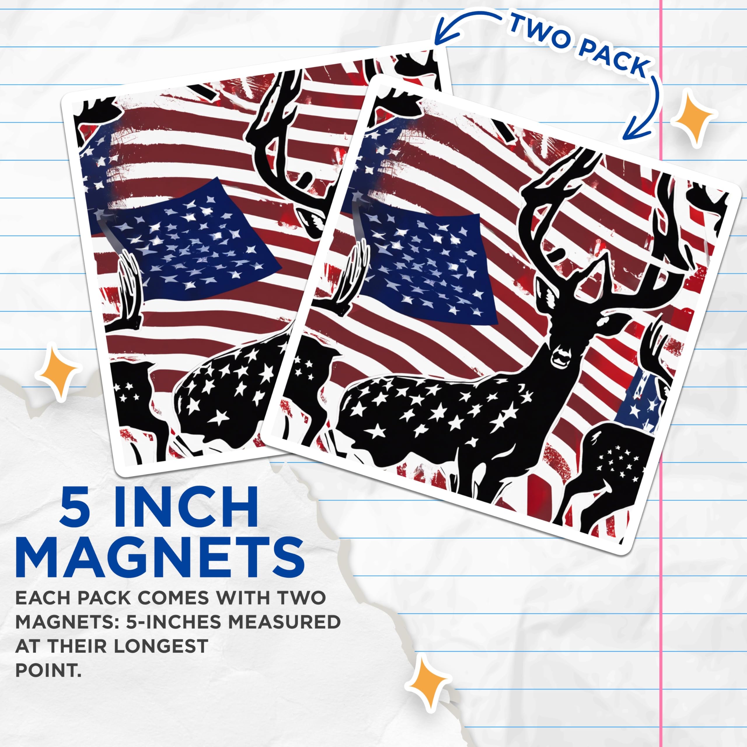 (2 Pack) American Deer Magnets - Patriotic Buck Art - USA Flag Wildlife Display - Hunting Lodge Decor - 5 Inches On Longest Side - Thick Durable Magnet - Made in USA - MAG19558