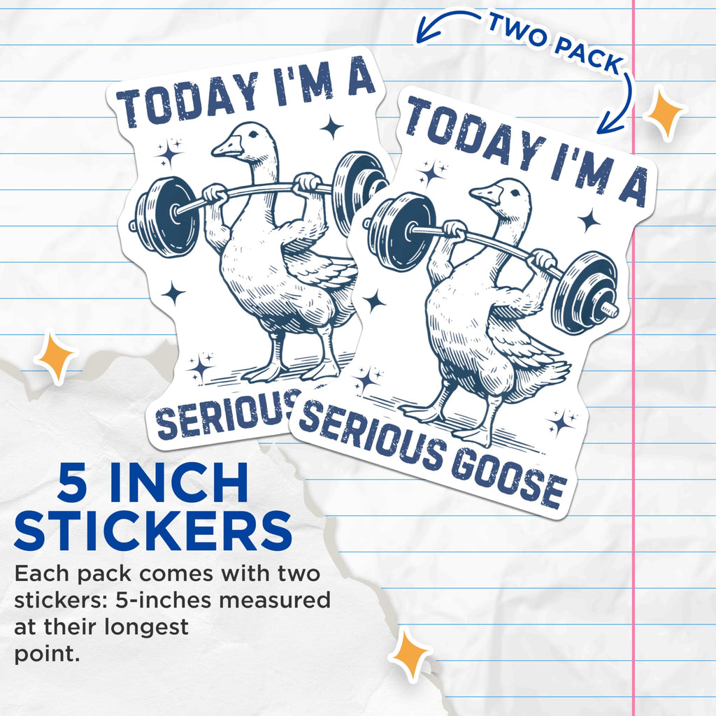 (2 Pack) Serious Goose Stickers - Weightlifting Goose - Funny Animal Stickers for Laptops - 5" On Longest Side - Sticks to Smooth Flat Surfaces - Made in USA - BMCS4494