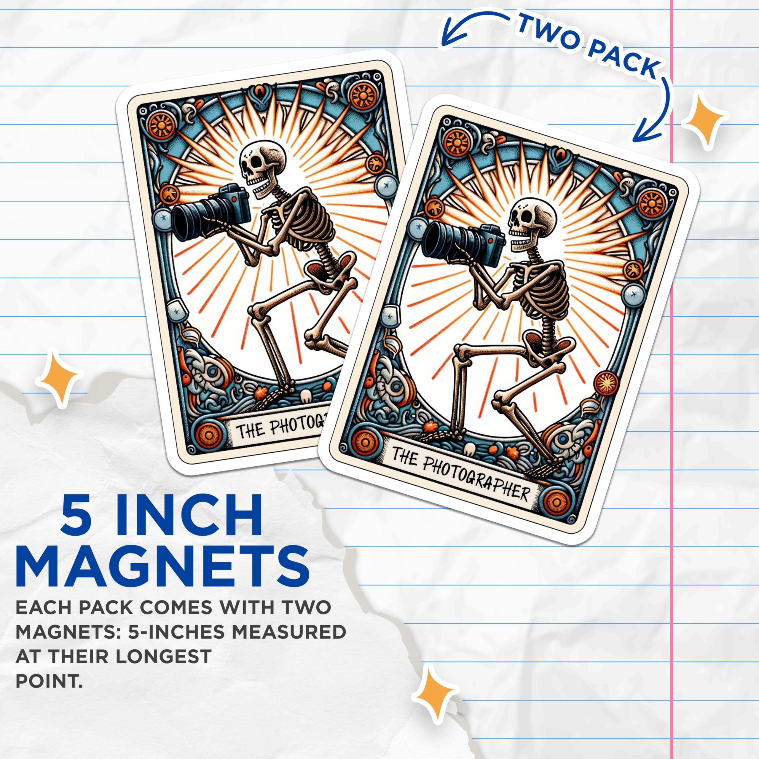 (2 Pack) Skeleton Photographer Magnets - Camera Art Decor - Tarot Card Style - 5 Inches On Longest Side - Thick Durable Magnet - Made in USA - MAG21449