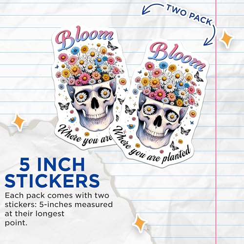 (2 Pack) Bloom Skull Stickers - Floral Skull Art - Inspirational Quote - 5" On Longest Side - Sticks to Smooth Flat Surfaces - Made in USA - BMCS7382