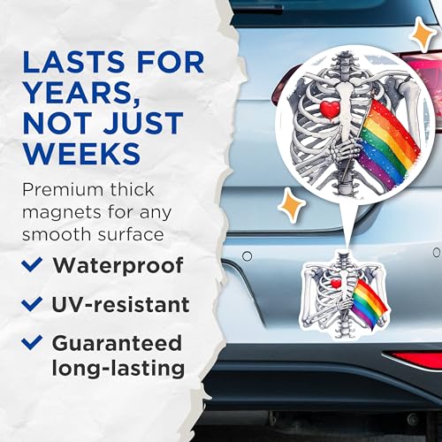 (2 Pack) Skeleton Rainbow Flag Magnets - Human Anatomy Decor - Skeleton Holding Heart Symbol - LGBTQ Pride Magnets - 5" On Longest Side - for Cars, Fridges, Toolboxes - Made in USA - MAG7217