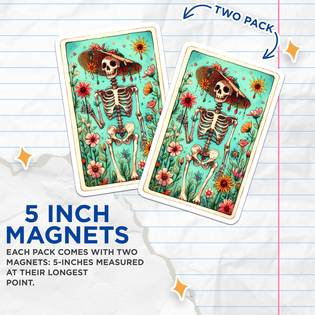 (2 Pack) Dia de Los Muertos Magnets - Sombrero Skeleton Floral Decor - Mexican Folk Art Calavera - 5 Inches On Longest Side - Thick Durable Magnet - Made in USA - MAG20430